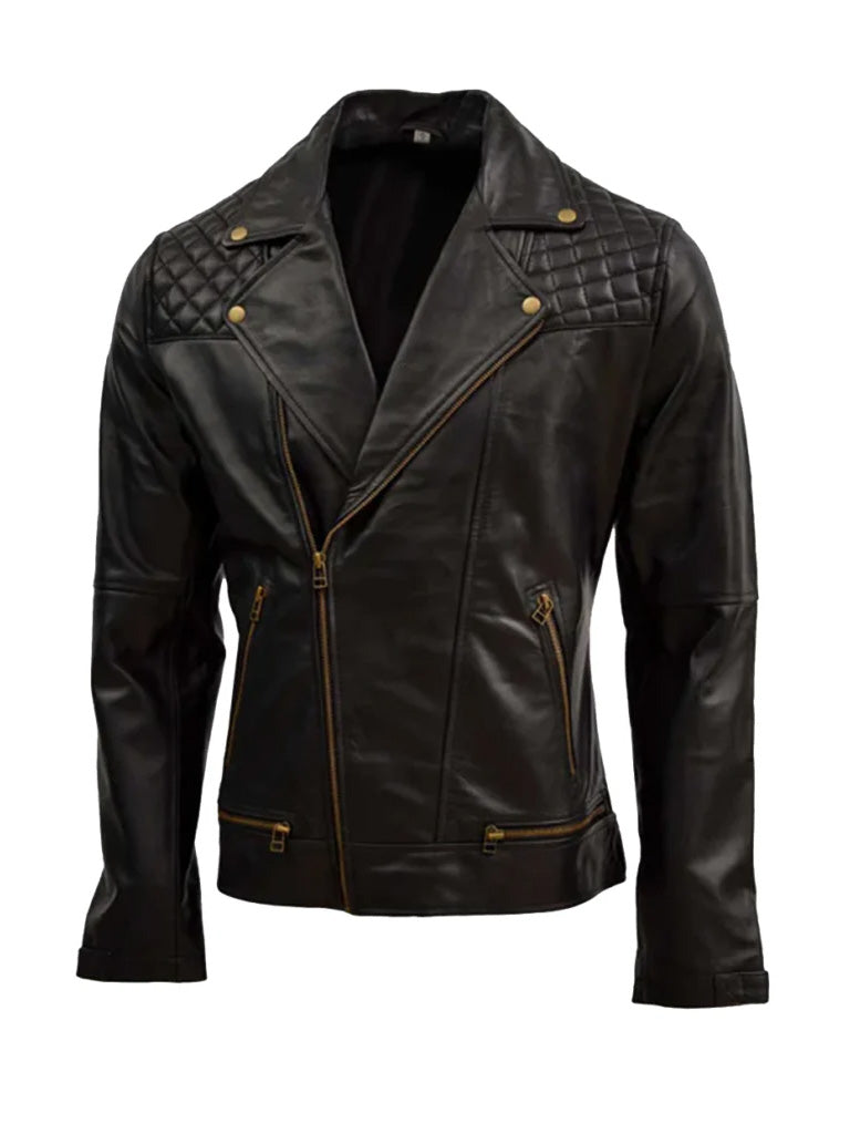 Black Quilted Biker Genuine Leather Jacket