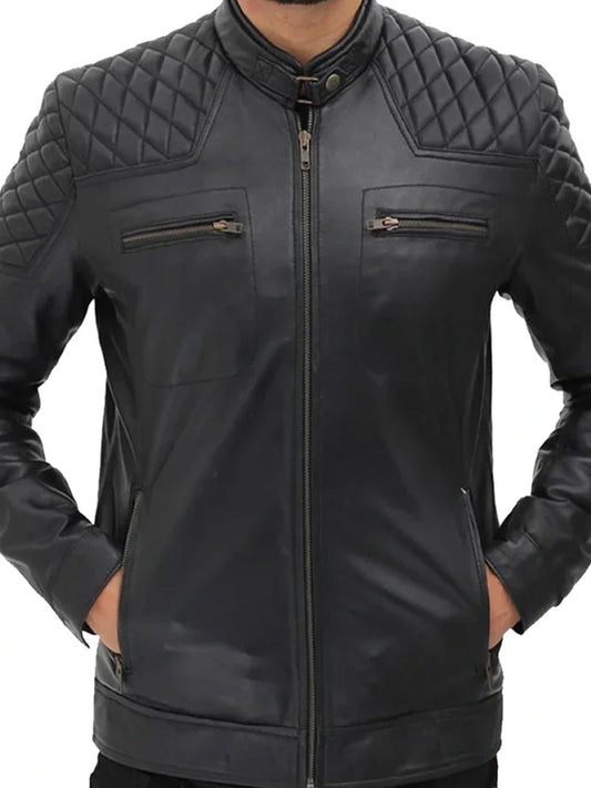 Black Biker Quilted Genuine Leather Jacket