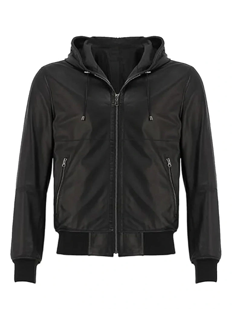 Black Hooded Bomber Style Genuine Leather Jacket