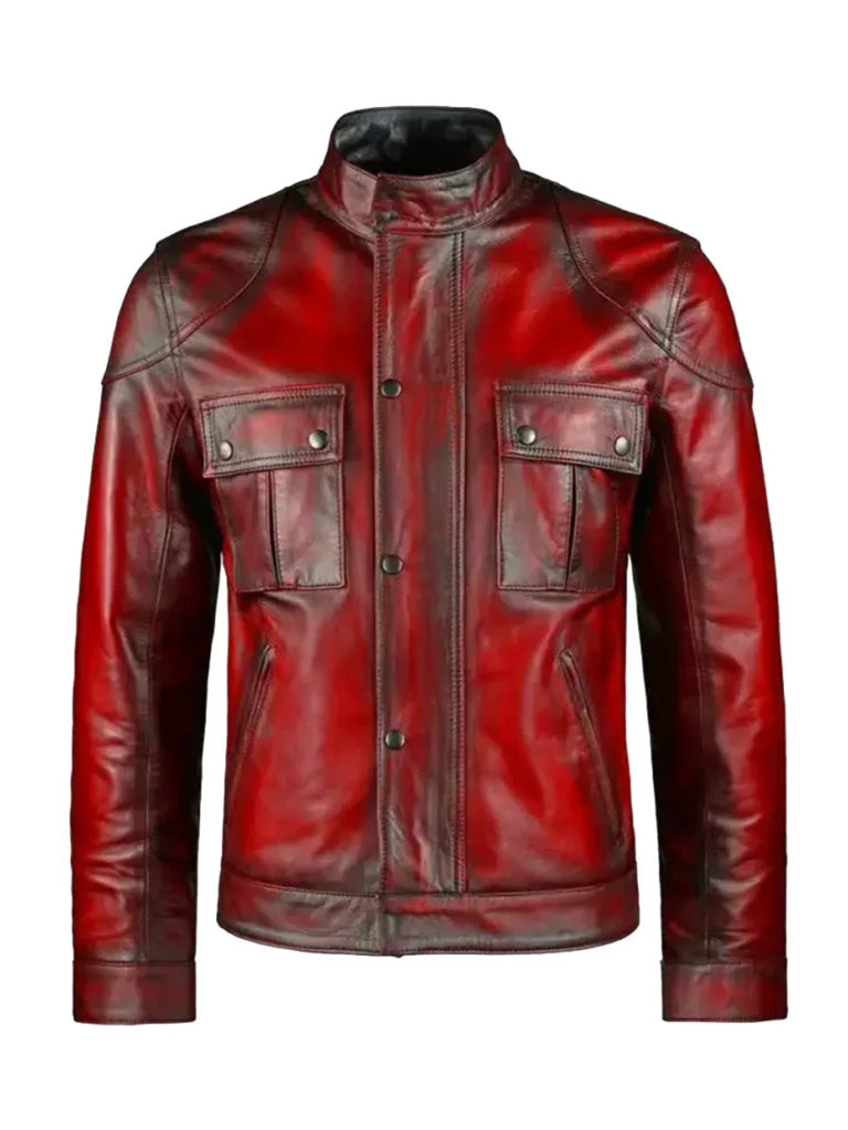 Red Biker Cafe Racer Genuine Leather Jacket