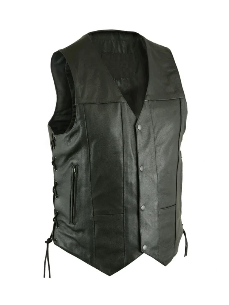 Black Side Lece Up Biker Genuine Leather Vest