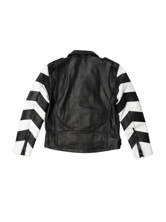 Men’s Black and White Striped Leather Biker Jacket