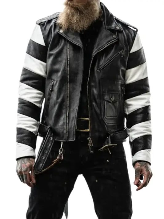 Men’s Black and White Striped Leather Biker Jacket