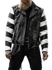 Men’s Black and White Striped Leather Biker Jacket