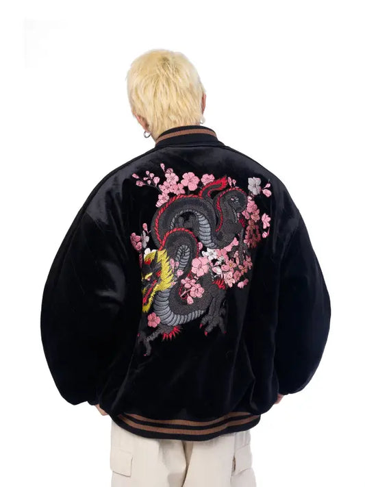 Black Velvet Dragon Embroidered Bomber Jacket