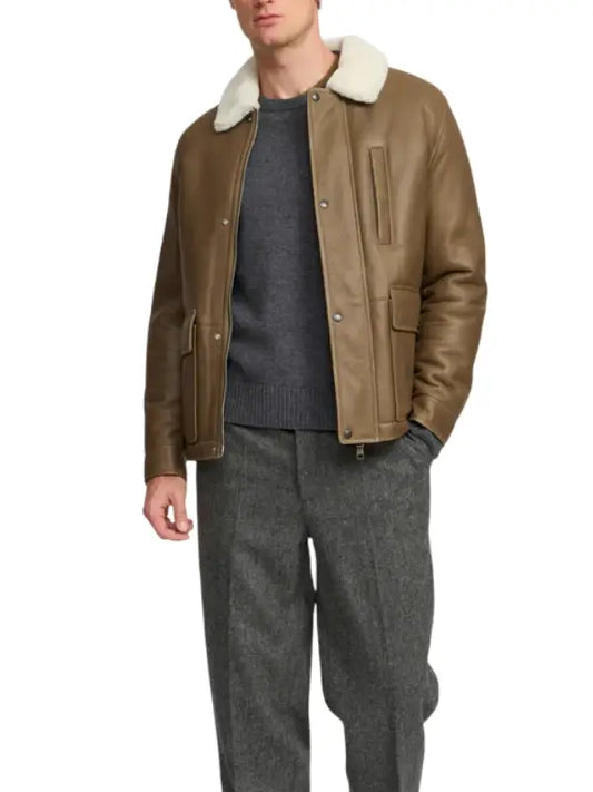 Men’s Brown Shearling Collar Leather Jacket