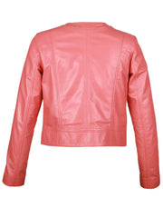 Pink Collar Less Genuine leather Jacket