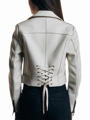 Women’s White Laces Sprinkles Leather Motorcycle Jacket