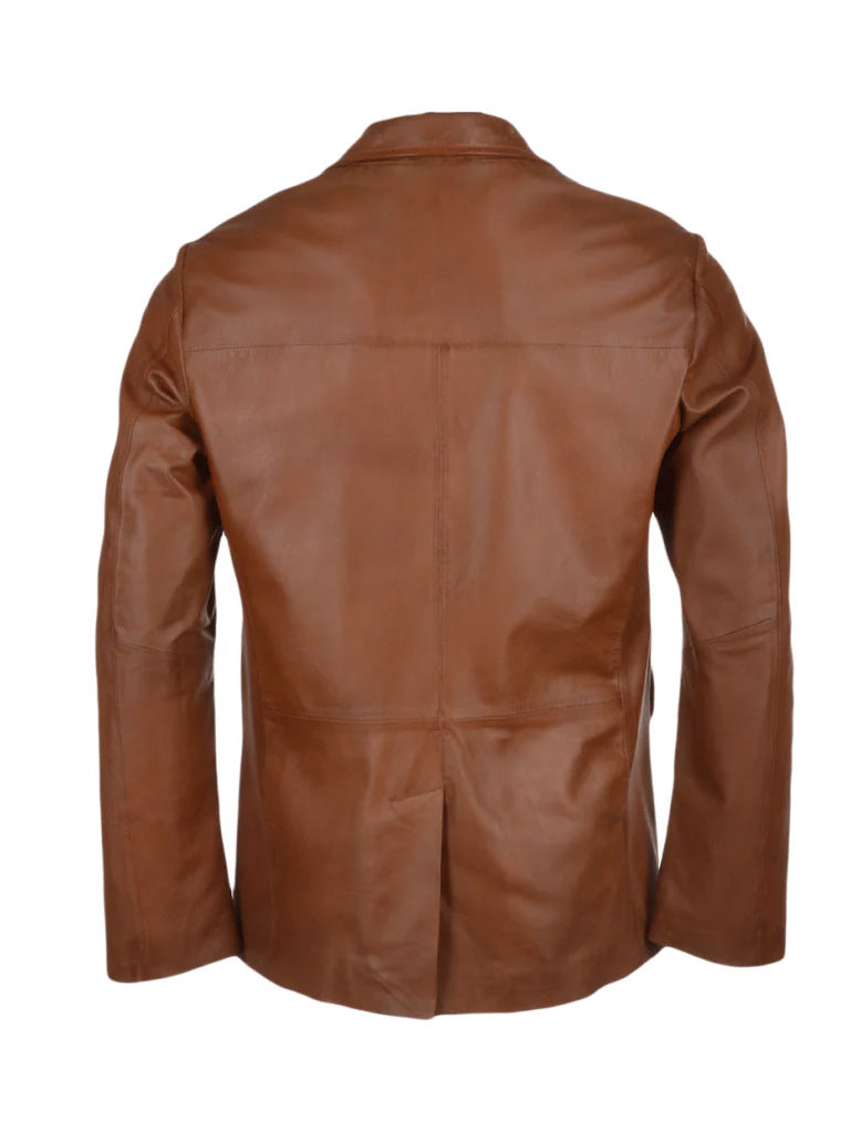 Tan Brown Notch Lapel Genuine Leather Blazer