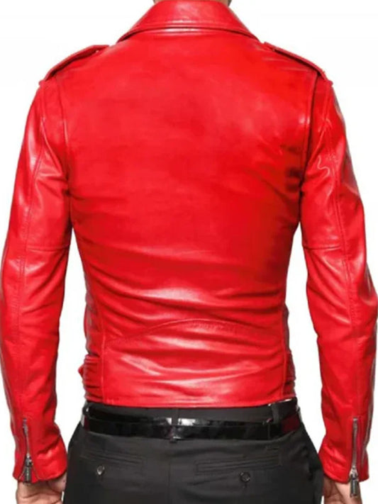 Motorcycle Belted Asymmetrical Red Leather Jacket