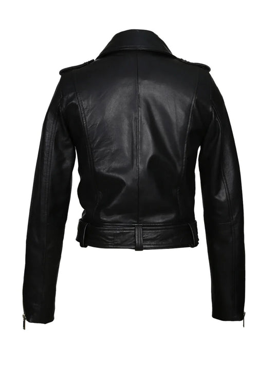 Black Side Belt Biker Style Genuine Leather Jacket
