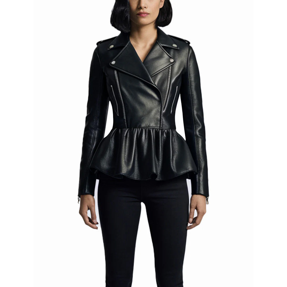 Women's Peplum Hem Motorcycle Leather Jacket