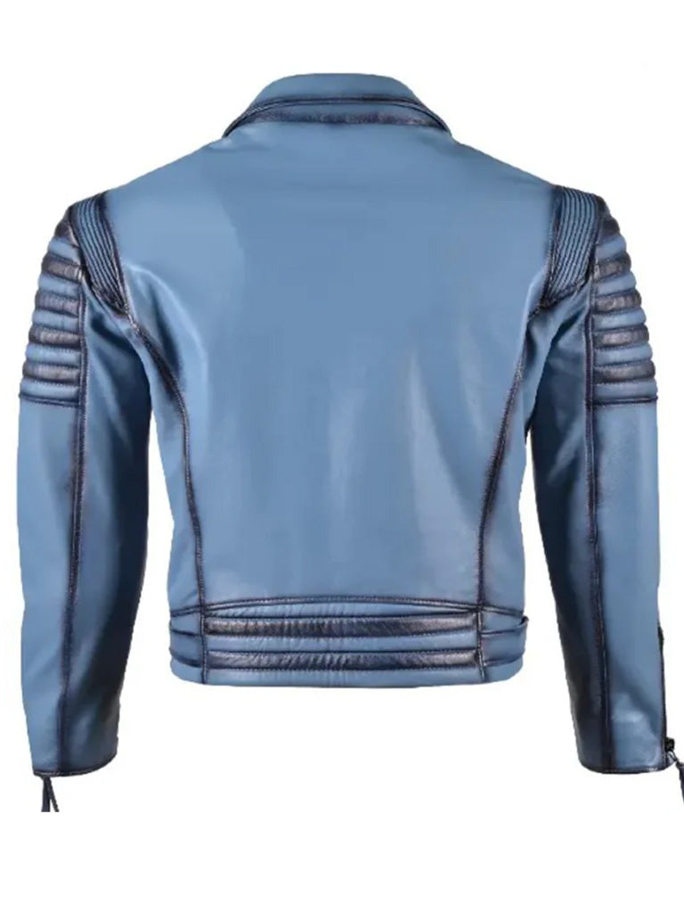 Vintage Mens Biker Style Blue Leather Jacket