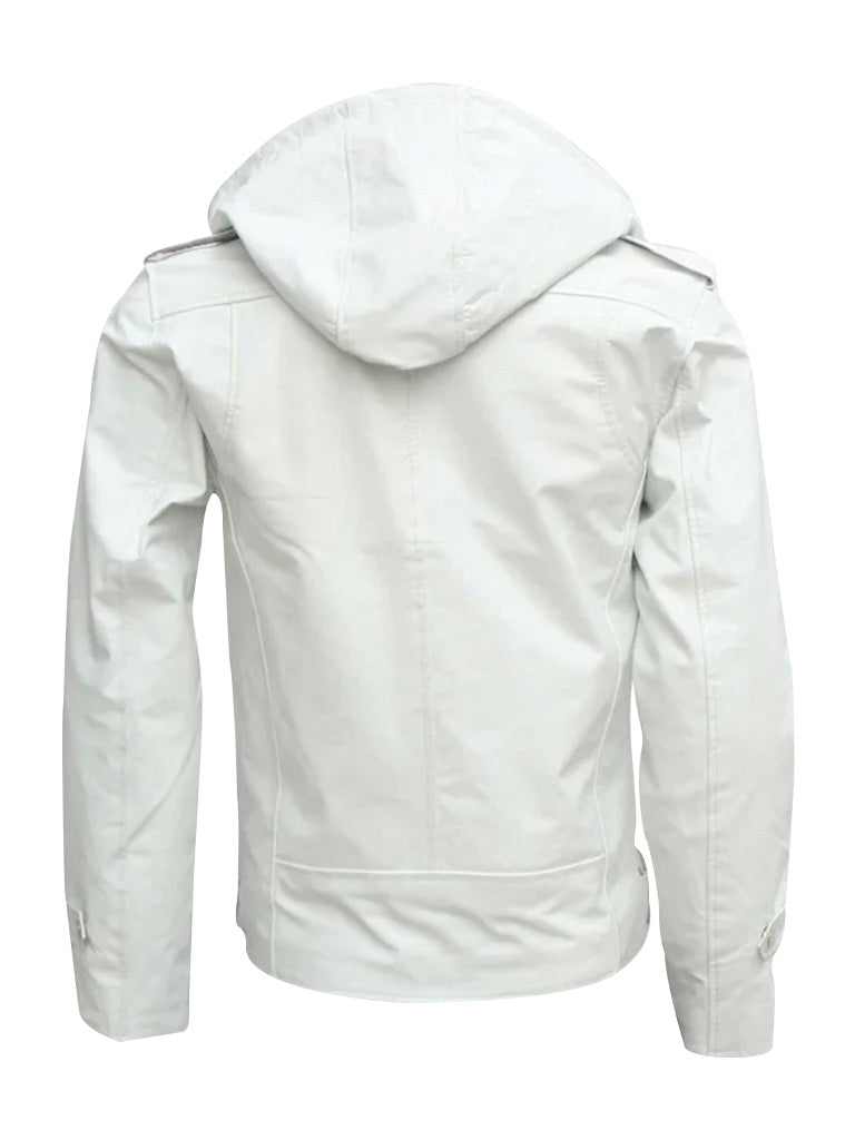 White Hooded Style Biker Leather Jacket