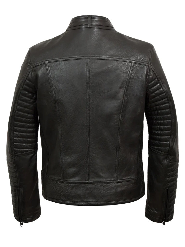 Black Hooded Bold Lined Biker Leather Jacket