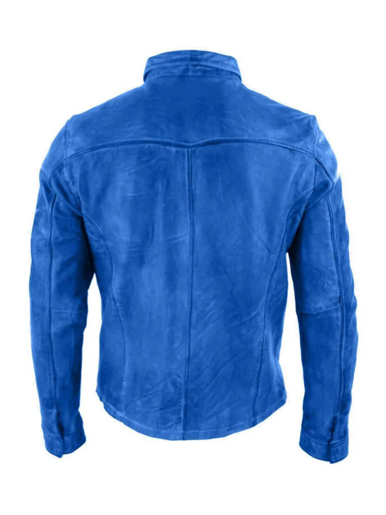 Blue Shirt Collar Leather Jacket