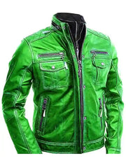 Green Cafe Racer Biker Genuine Leather Jacket