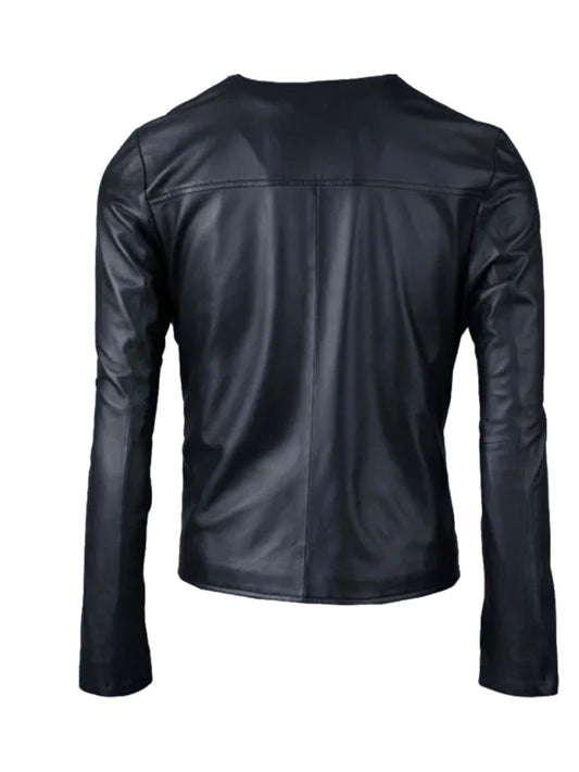 Black Collar Less Leather Jacket