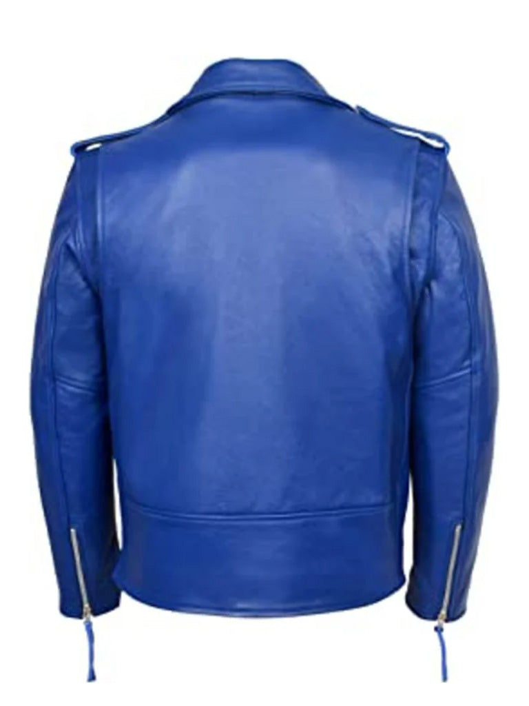 Blue Biker Style Genuine Leather Jacket