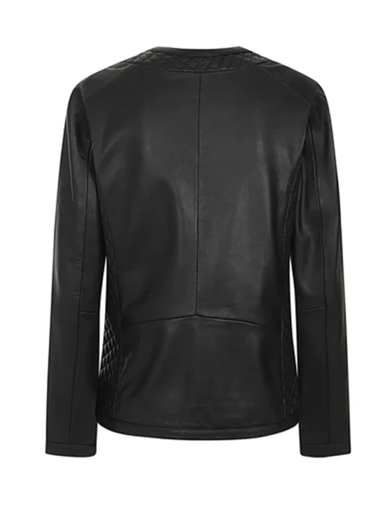 Collar Less Black Quilted Leather Jacket