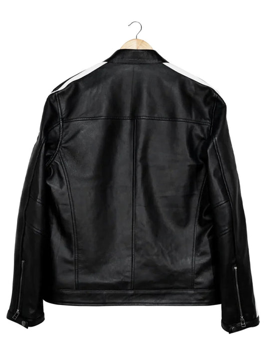 White Stripes Black Biker Leather Jacket