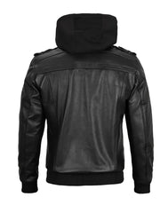 Black Leather Jacket with Removable Hoodie