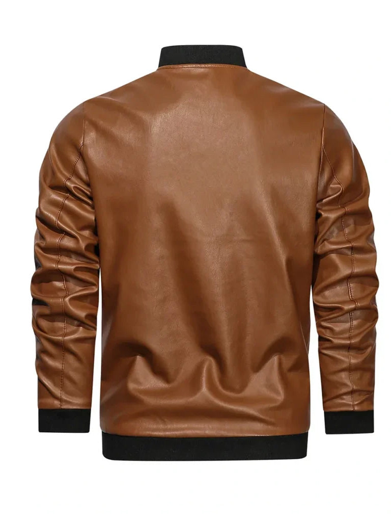 Tan Brown Rib Knitted Leather Jacket