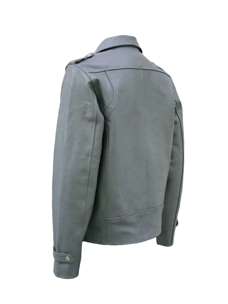 Biker Grey Lapel Style Genuine Leather Jacket