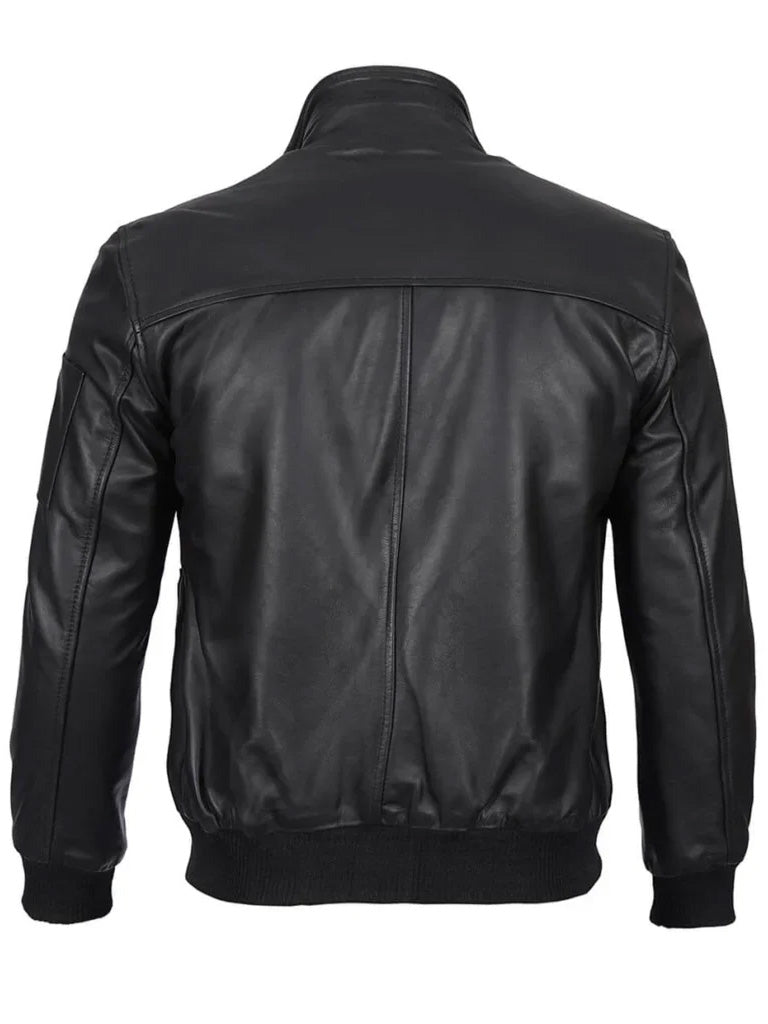 Black Cowhide Leather Bomber Jacket