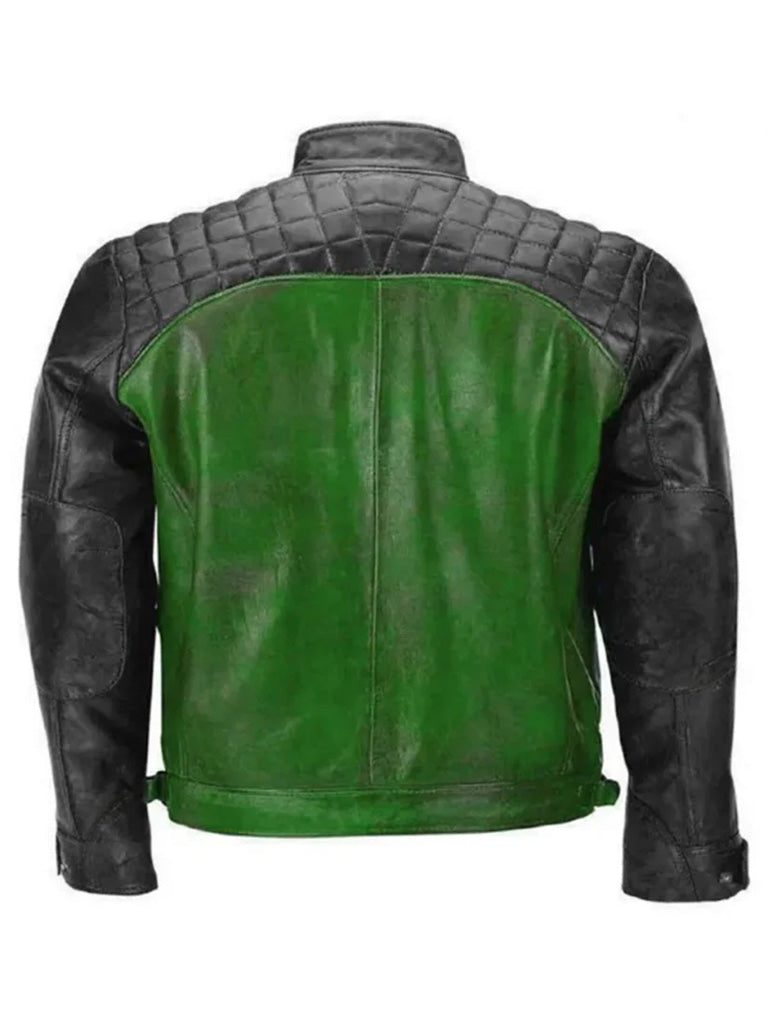 Green and Black Quilted Biker Leather Jacket