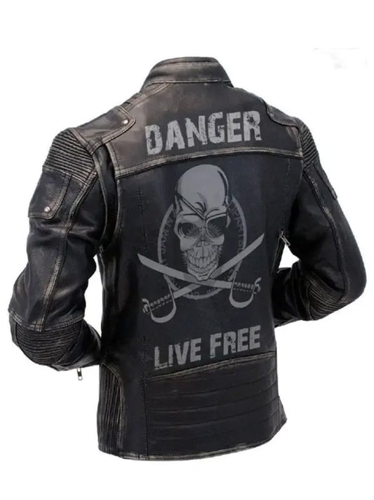 Motorcycle Danger Live Free Biker Black Leather Jacket
