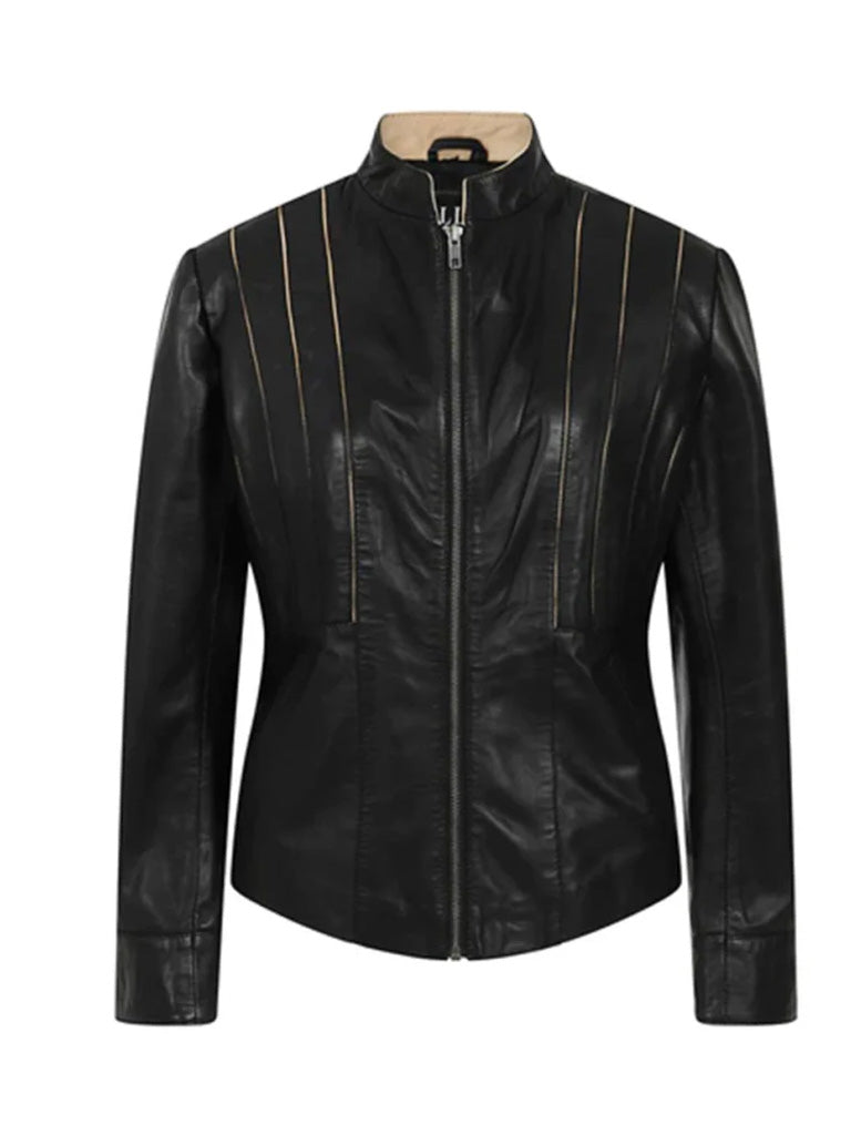 Black Biker Stand Collar Genuine Leather Jacket