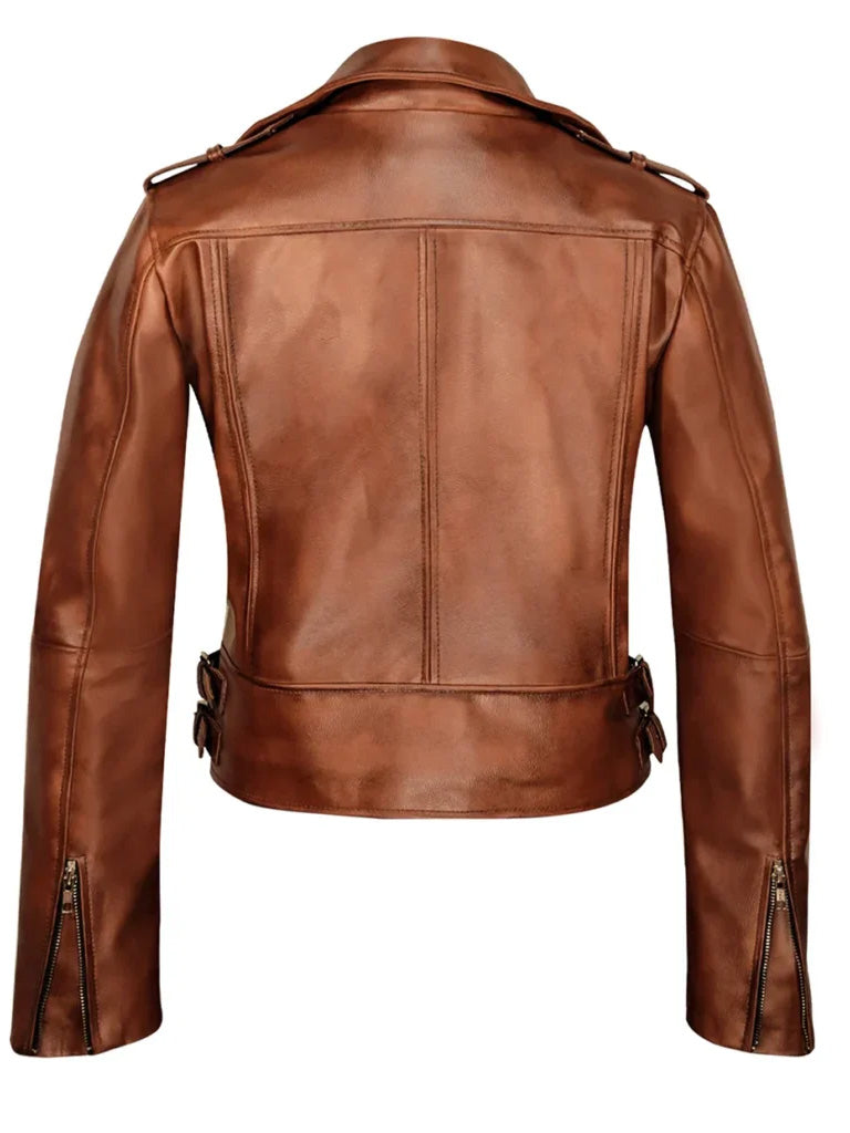 Biker Lapel Style Brown Leather Jacket