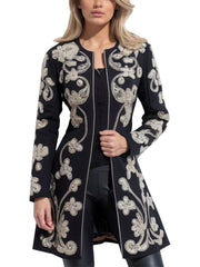 Women's Black Floral Embroidered Long Coat