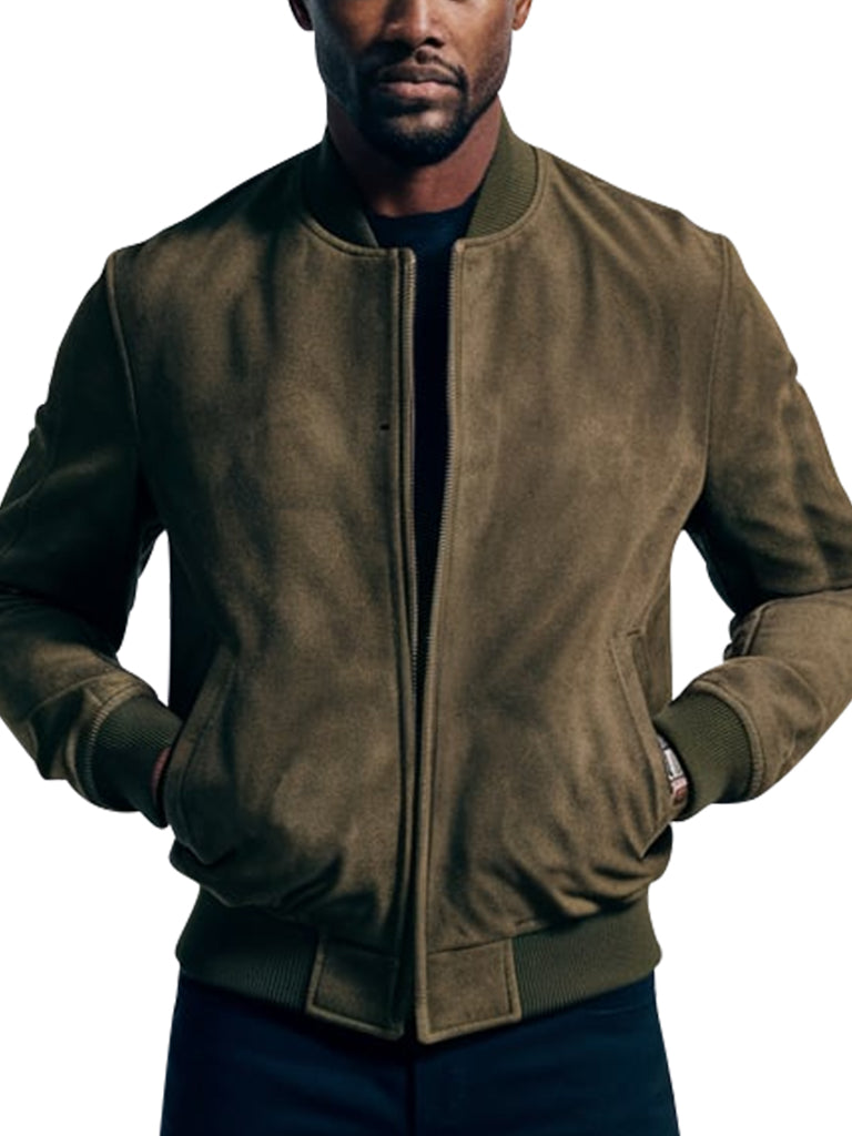 Men’s Olive Green Suede Bomber Jacket