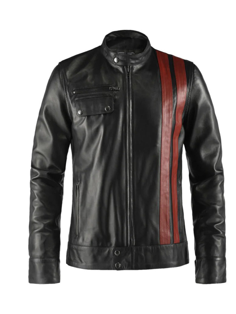 Black Biker Stripes Style Leather Jacket