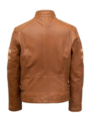 Tan Brown Stripes Biker Leather Jacket