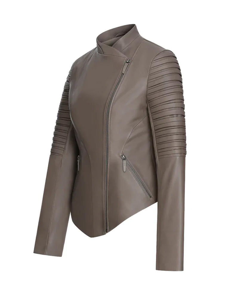 Grey Round Shape Genuine Leather Jacket