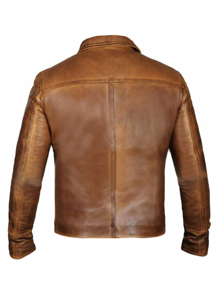 Vintage Shirt Style Camel Cognac Leather Jacket