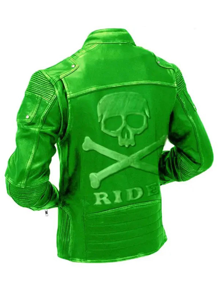 Green Motorcycle Vintage Leather Jacket With Skull