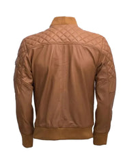 Tan Brown Quilted Bomber Leather Jacket