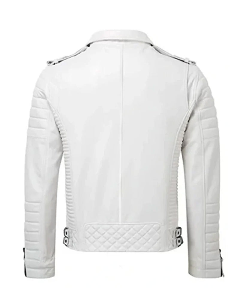 White Biker Style Quilted Leather Jacket