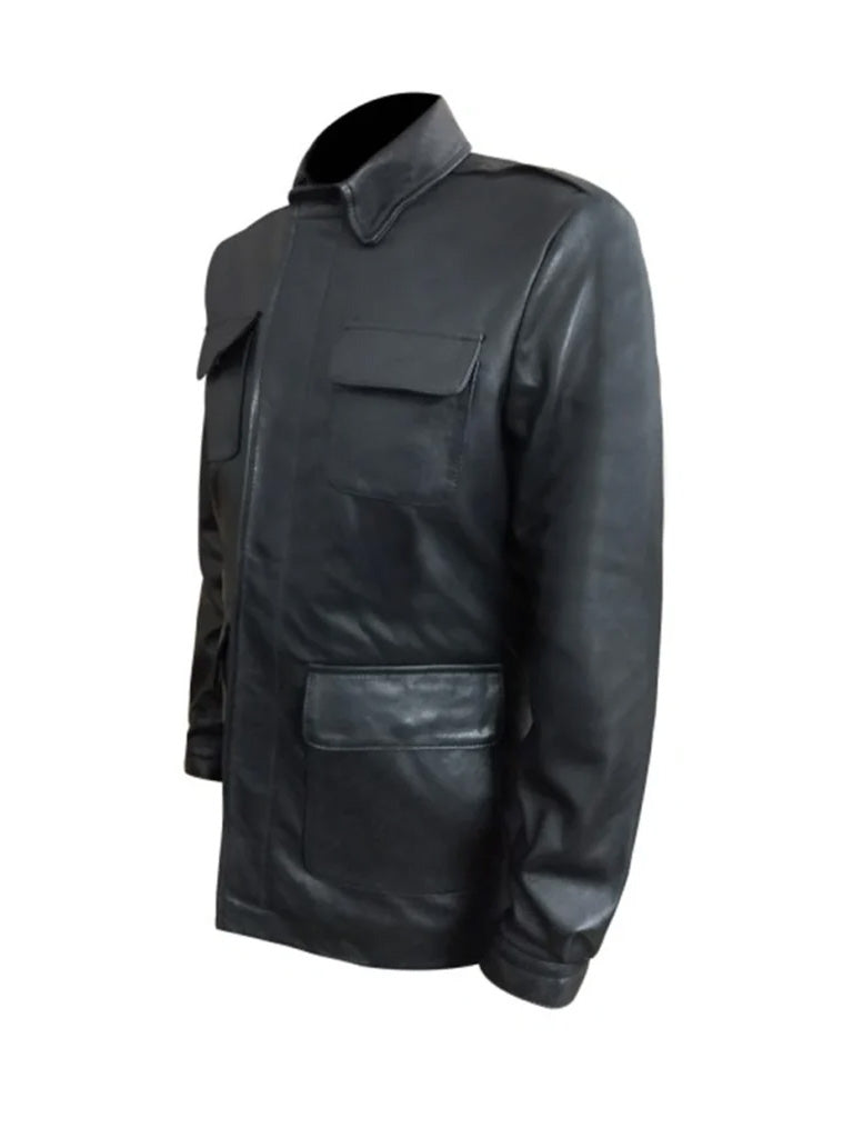 Black Shirt Style Genuine Leather Long Coat