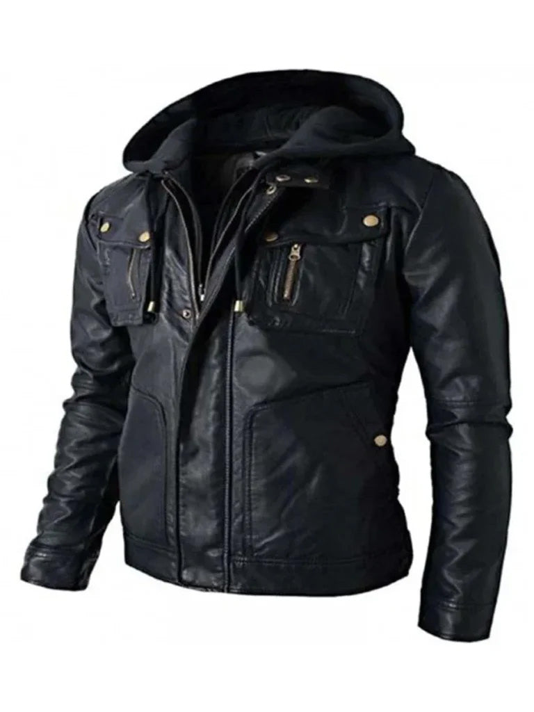 Black Hooded Style Biker Leather Jacket