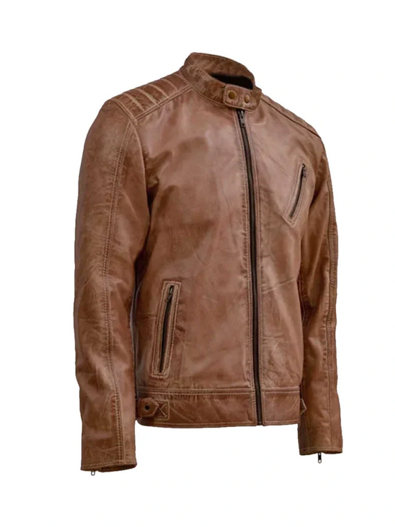 Waxed Tan Biker Style Real Leather Jacket