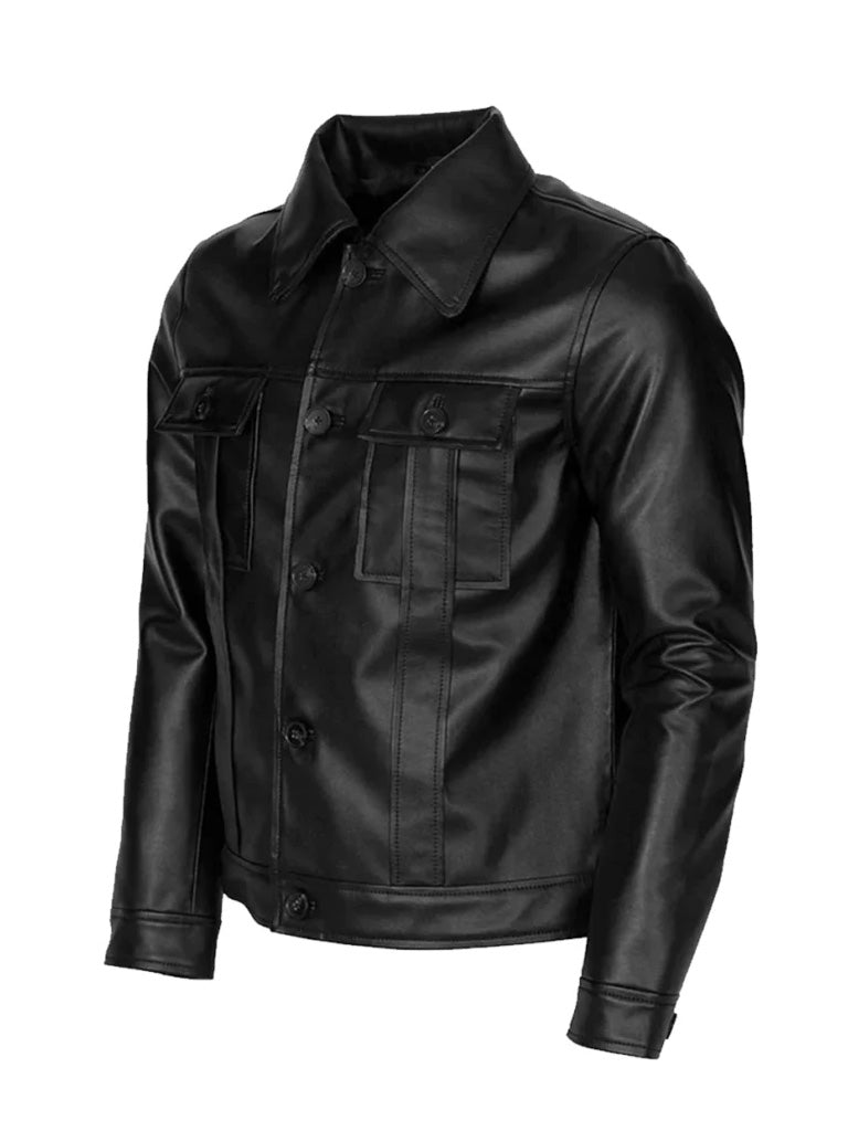 Trucker Style Black Genuine Leather Jacket