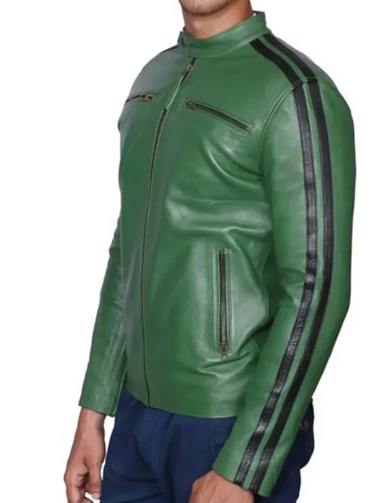 Green Motorcycle Jacket With Black stripe