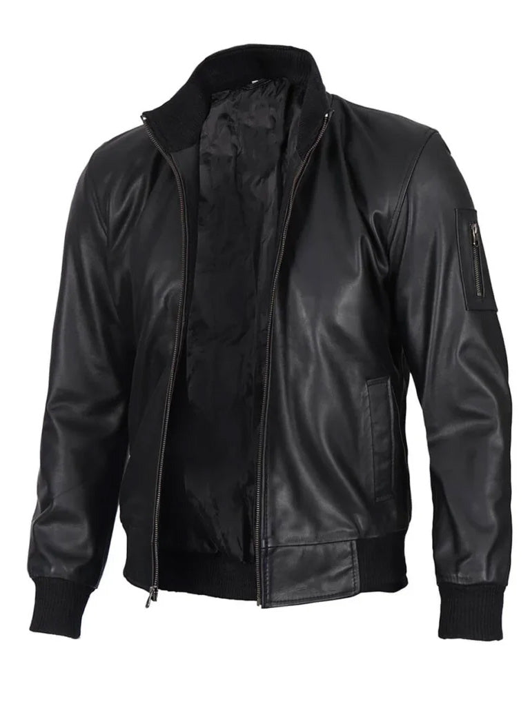 Black Cowhide Leather Bomber Jacket