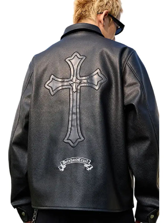 Men’s Black Cross Embossed Leather Jacket