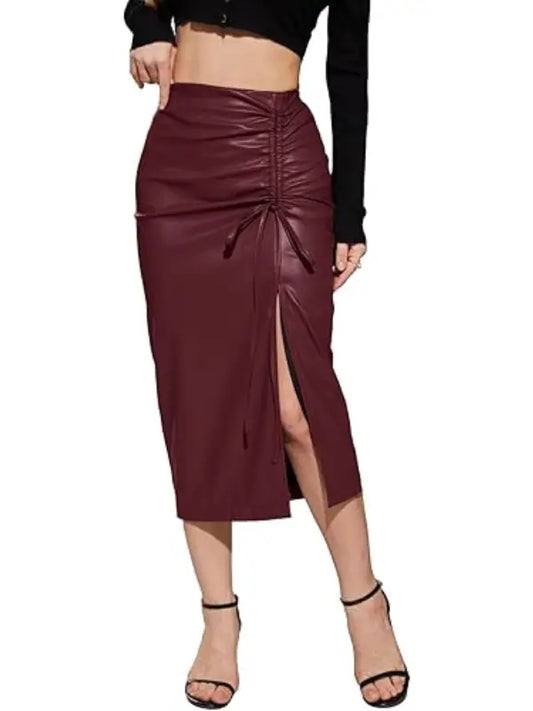 Women’s Wine Red Ruched Real Leather Midi Skirt